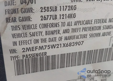 2001 Mercury Grand Marquis Ls z USA, uszkodzony, nr VIN 2MEFM75W21X683907